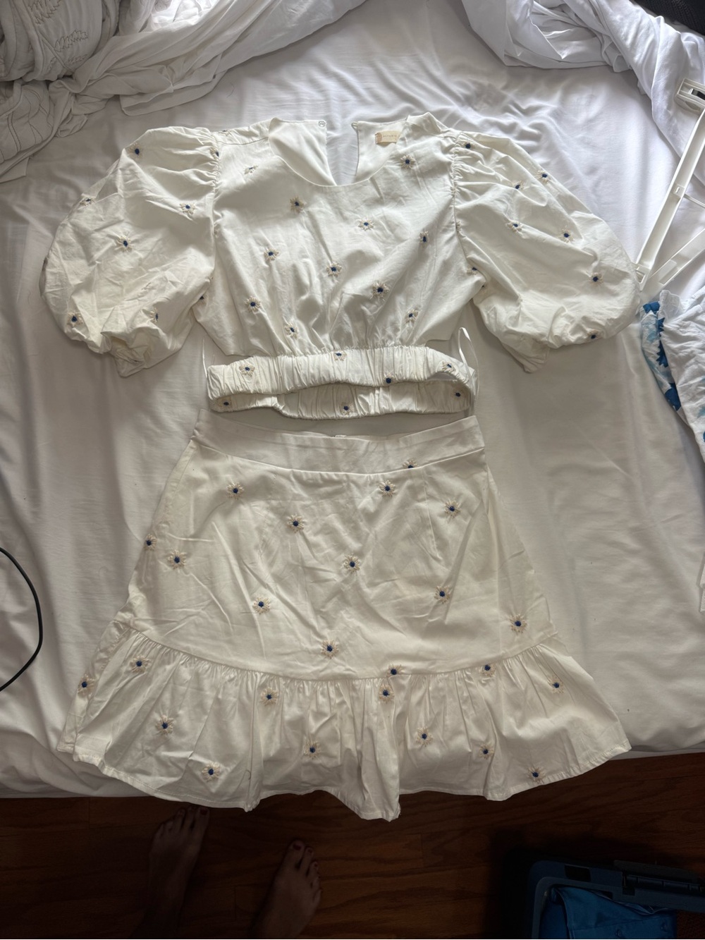 Altar'd State White Embroidered Puff-Sleeve Two-Piece Dress Set